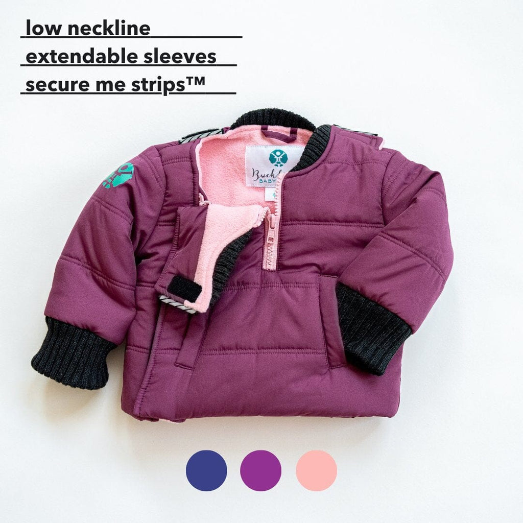 purple car seat friendly coat with pink interior