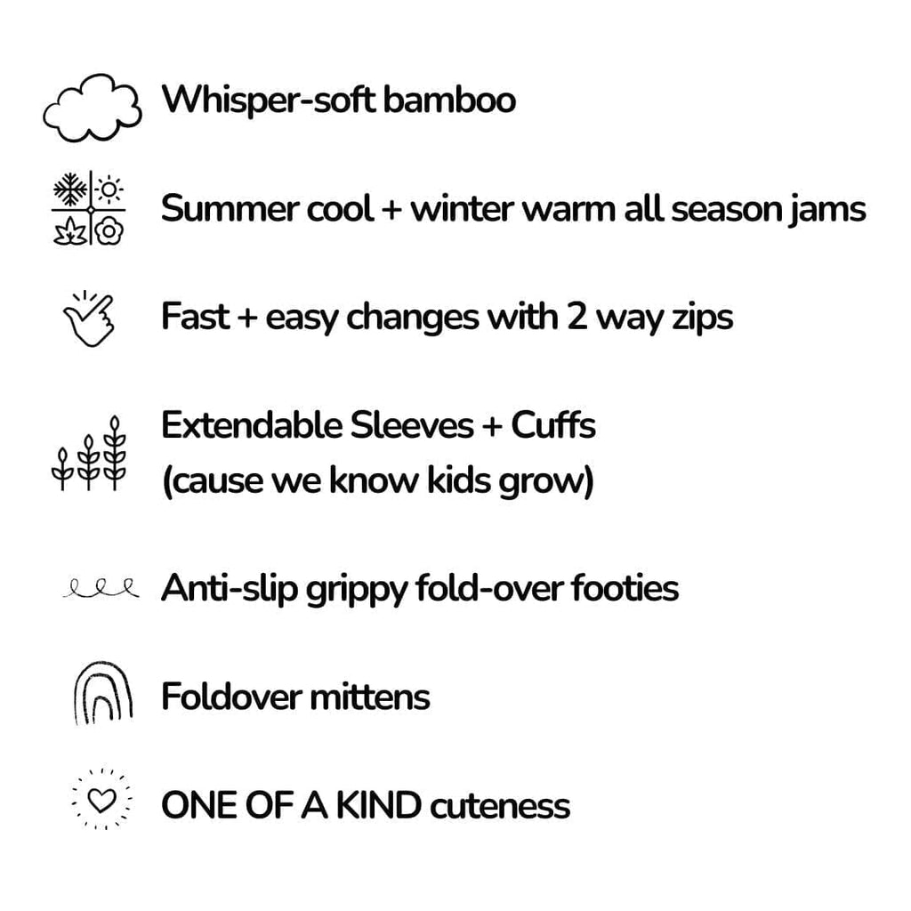 Nature Bamboo Pajamas  list of features for baby pajamas displayed with corresponding icons. The features are: Whisper-soft bamboo (cloud icon), Summer cool + winter warm all season jams (sun and snowflake icon), Fast + easy changes with 2-way zips (hand with two fingers icon), Extendable sleeves + cuffs (cause we know kids grow) (plant icon), Anti-slip grippy fold-over footies (wavy line icon), Foldover mittens (rainbow icon), ONE OF A KIND cuteness (heart with rays icon)