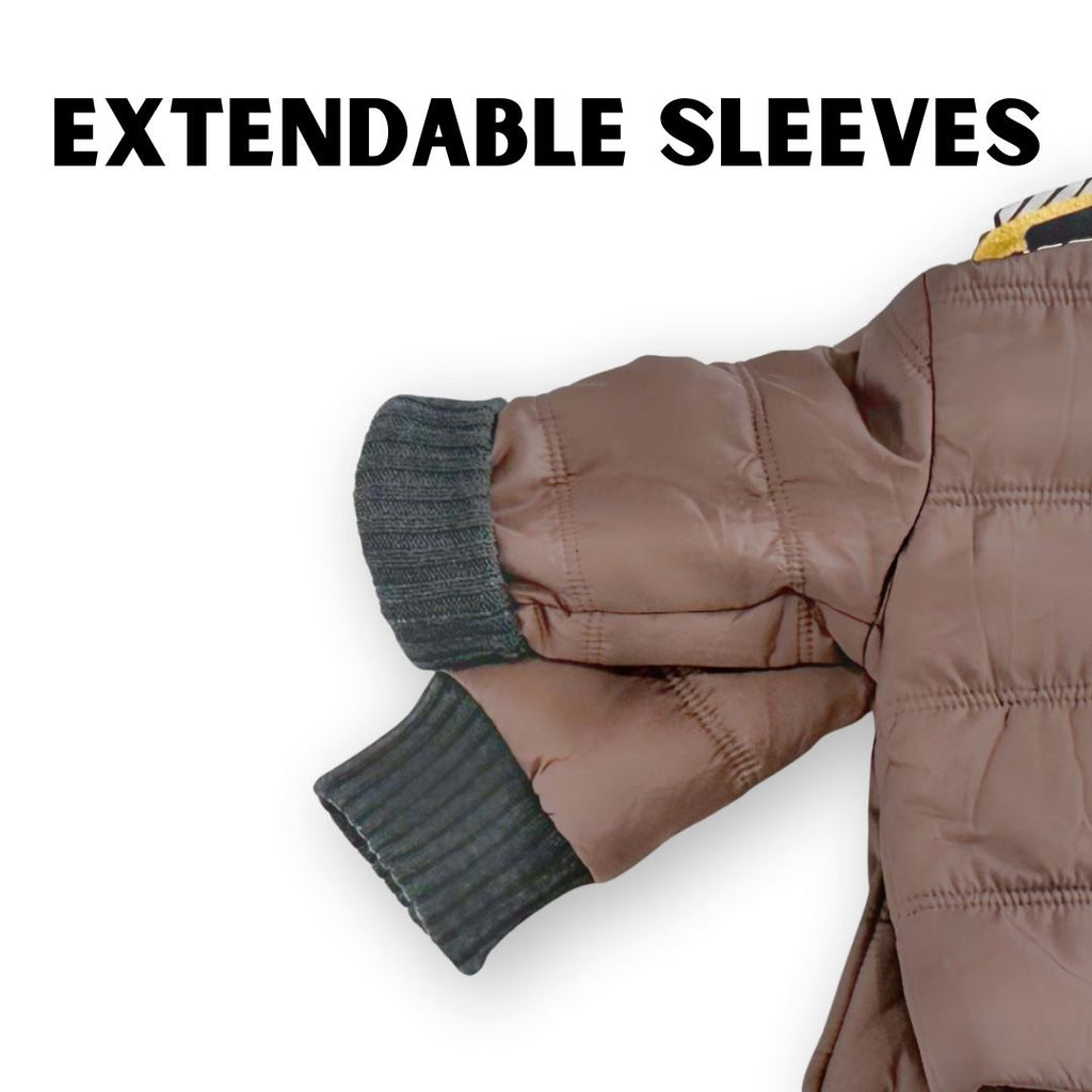 Snickerdoodle/Brown
Brown carseat coat is partially shown to display the sleeves. One charcoal cuff is rolled up and the other is extended showing the different lengths of the sleeve.