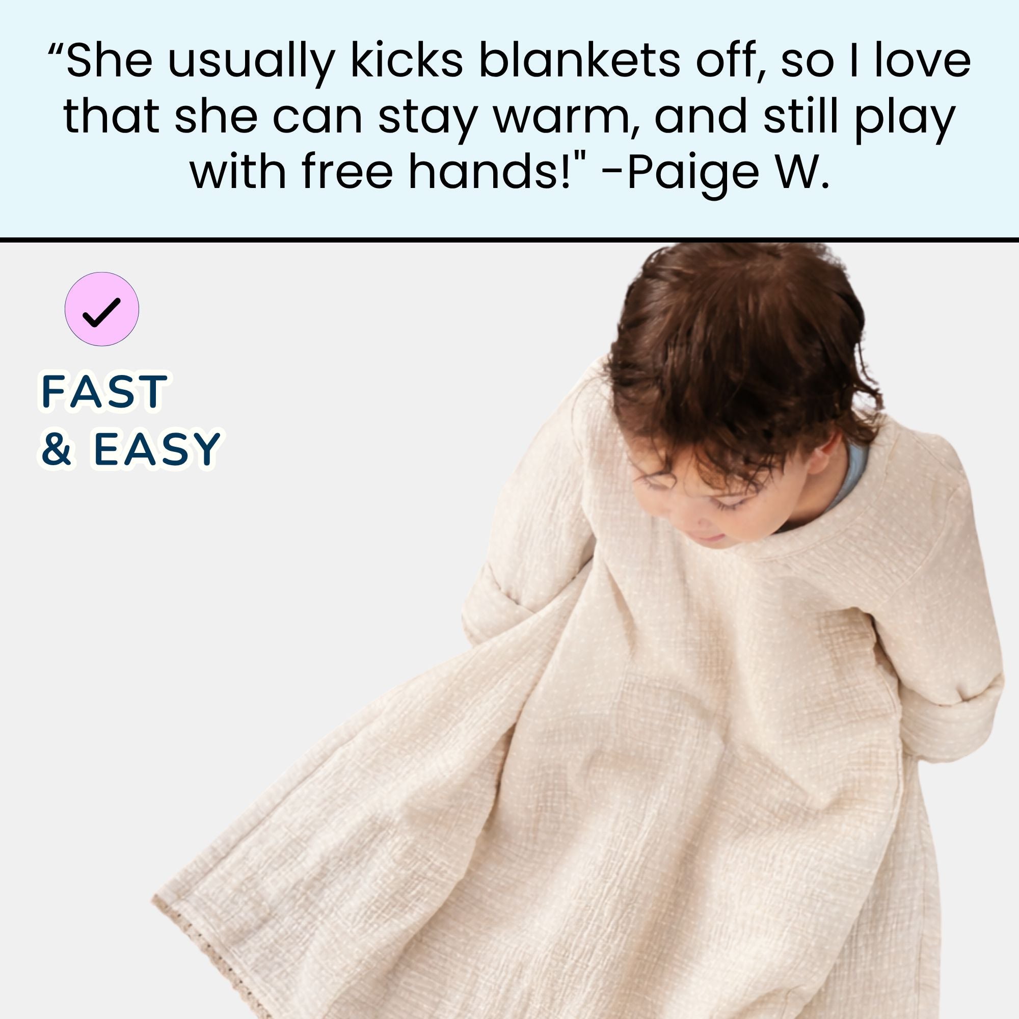 A baby wrapped in a textured cream-colored blanket, with a text overlay at the top praising the blanket's warmth and playfulness, and a badge reading 'FAST & EASY'.