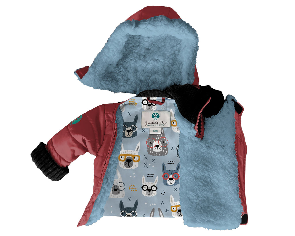 Alpacacoat/Red
Red hooded car seat coat with charcoal grey cuffs is displayed on a white background.  The coat has a light blue and alpaca print sherpa interior. The coat is unzipped.