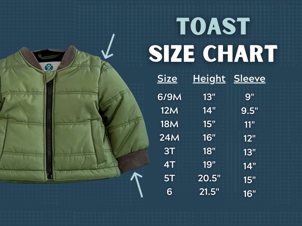 Puff/Green
Green coat is shown on a size chart.  The size chart shows how to measure the sleeves for the correct fit of the carseat coat.  There are sizes listed to go with the measurements of the coat.