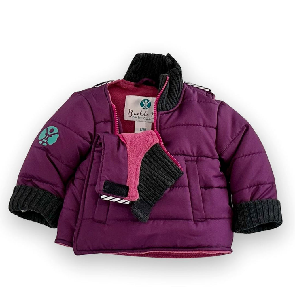 The Jam/Maroon
Purple car seat coat is partially unzipped to show the 1/4 zip neckline and split back neckline.  The charcoal grey cuffs are rolled up to show a shorter sleeve length option.