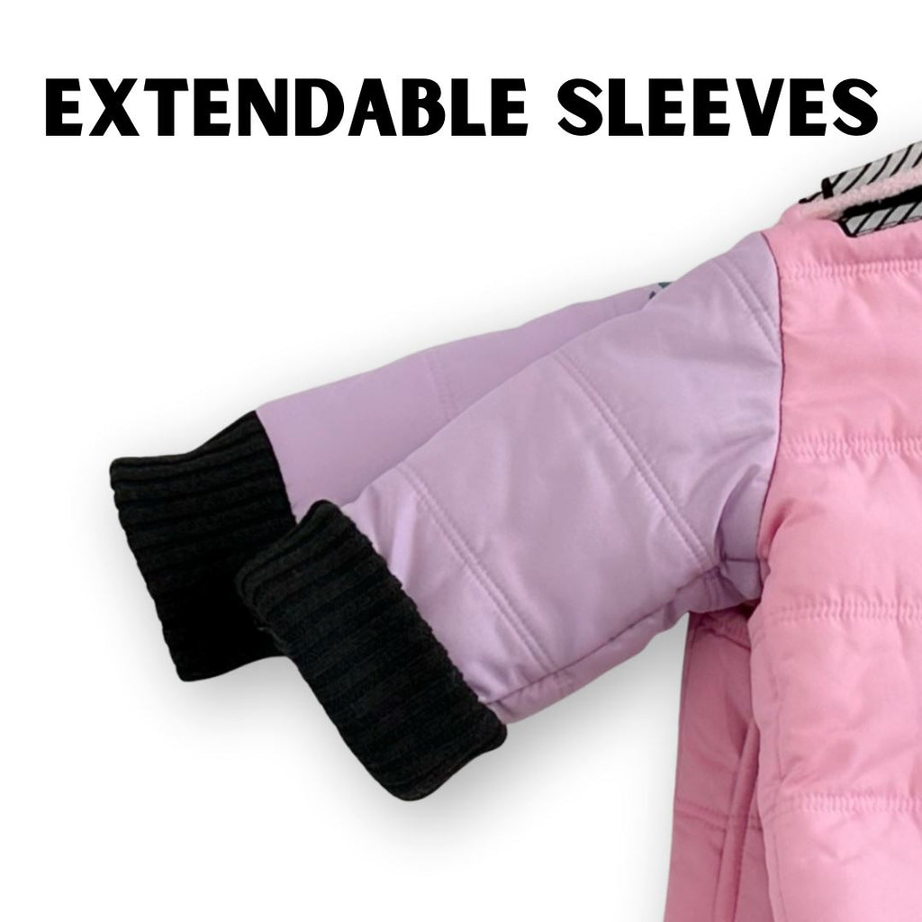 Powerpuff/Pink/Purple
Pink coat with purple sleeves is partially shown to display the sleeves. One charcoal cuff is rolled up and the other is extended showing the different lengths of the sleeve.