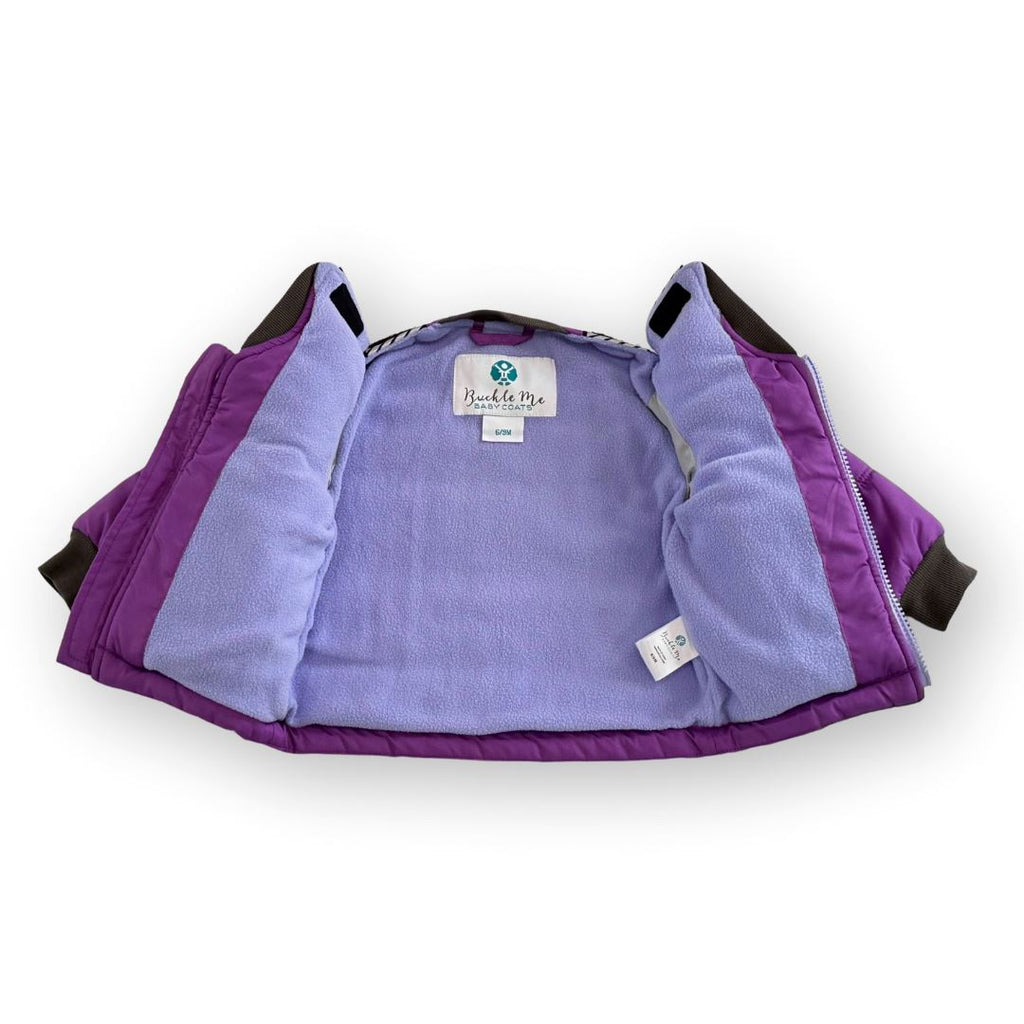 Sparkalot/purple 
purple car seat coat with lilcal purple sherpa interior. the coat is open showing the inside