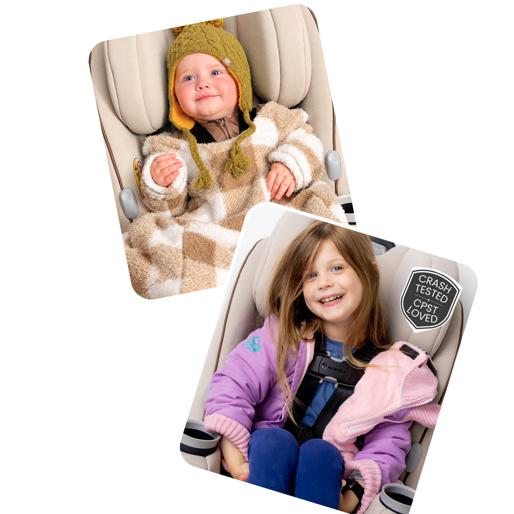 Child wearing a Buckle Me Baby car seat coat in a car seat