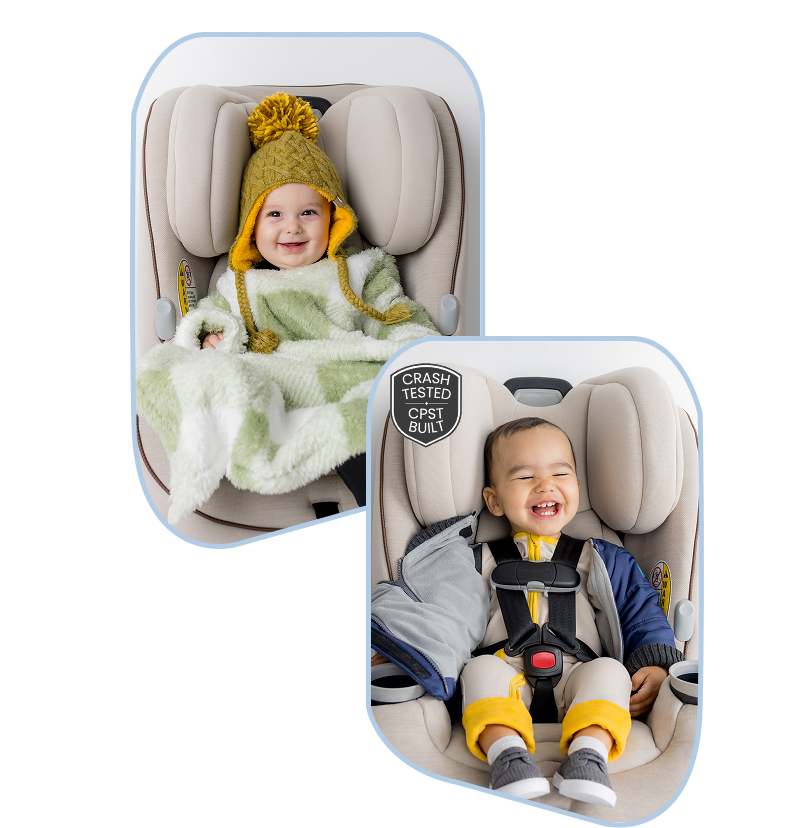 Child wearing a Buckle Me Baby car seat coat in a car seat