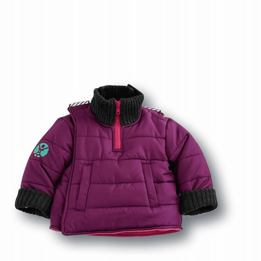 The Jam/Maroon
Purple car seat coat is partially unzipped to show the 1/4 zip neckline and split back neckline.  The charcoal grey cuffs are rolled up to show a shorter sleeve length option. The gif shows the coat opening and shutting.