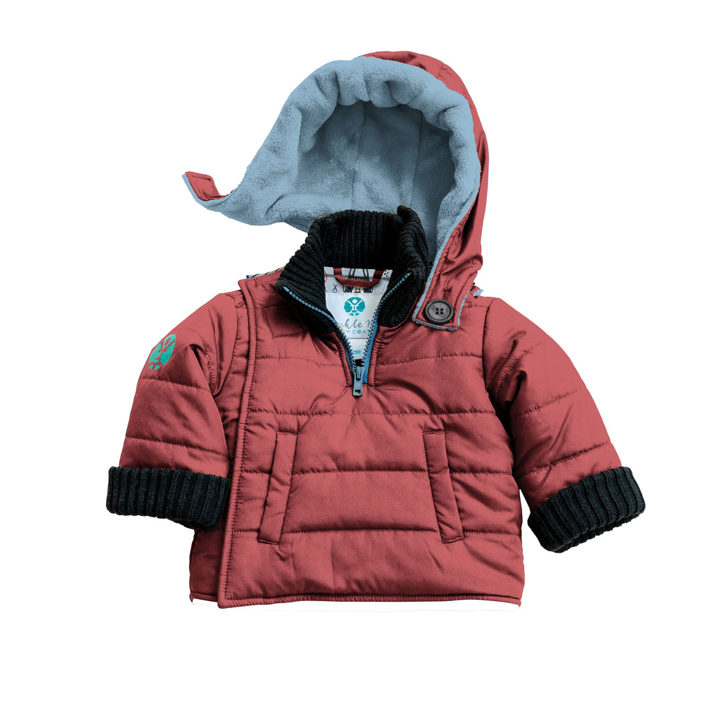 Alpacacoat/Red
Red hooded car seat coat with charcoal grey cuffs is displayed on a white background.  The hood has a light blue sherpa interior. The 1/4 zip neck is unzipped.