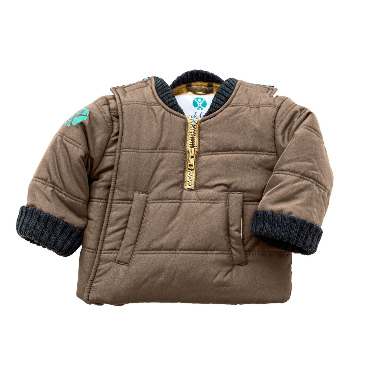 Snickerdoodle/Brown
Brown carseat coat with charcoal cuffs displayed on a white background.  The cuffs are rolled to show their extended fit.