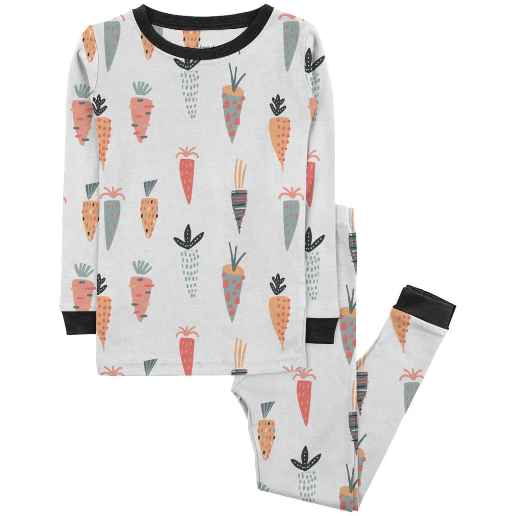 Oh Carrots! Jams Big Kids a white pajama set with a colorful carrot pattern featuring orange, red, green, and multi-colored carrots. The set includes a long-sleeve top and matching pants, both with black trim and cuffs. The pajama is displayed on a plain white background.