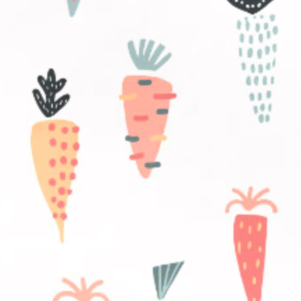 v a close-up of a playful carrot pattern on a white background, featuring various carrots in shades of orange, red, and green, each with unique designs and details. Some carrots have polka dots, stripes, or abstract shapes, with different styles of green tops.